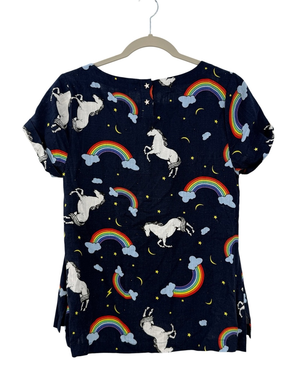ModCloth Rainbow Unicorn Print Linen Blend Boxy Top Women’s Small Navy - Picture 3 of 13